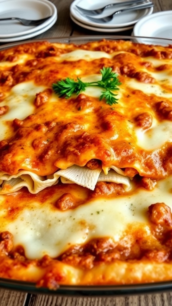 A hearty lasagna with layers of pasta, meat sauce, and melted cheese on a wooden table, ready to serve.
